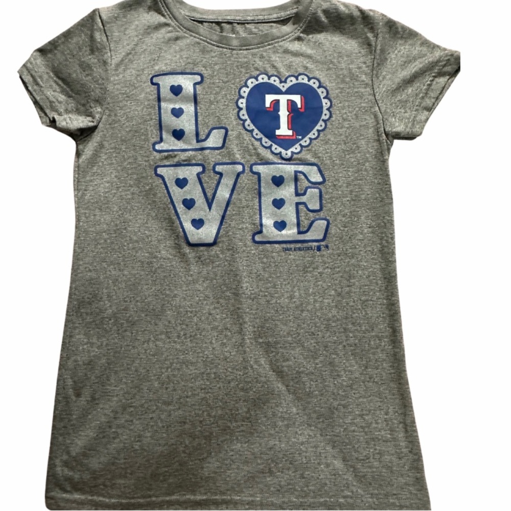 LOVE T T SHIRT Genuine Texas Rangers Gray & Blue Short Sleeves SZ 16 Kids Unisex